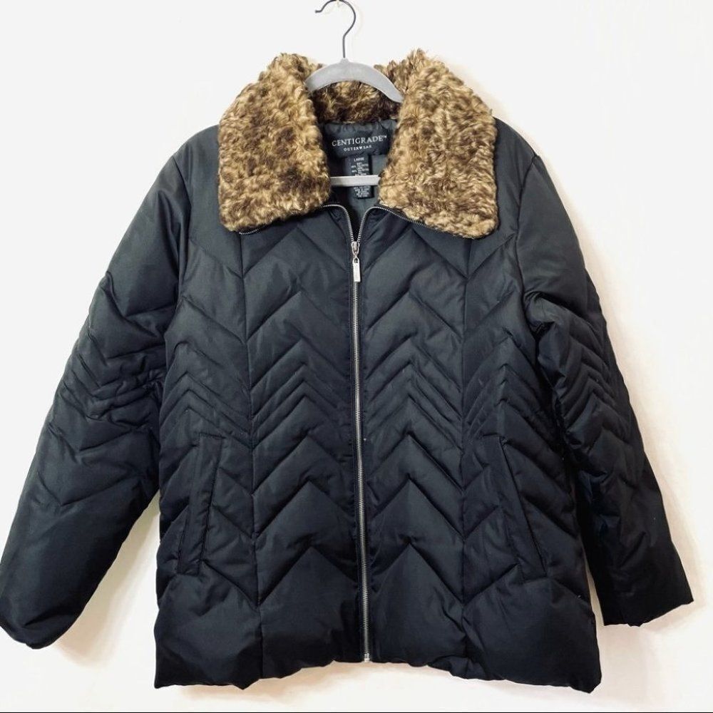 Black Down Filled Puffer Jacket Faux Fur Collar